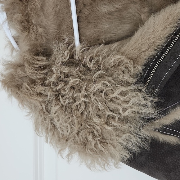 NWT Real Rabbit Leather and Shearling Jacket Real Wool Fur Collar Brown Coat - Picture 3 of 10